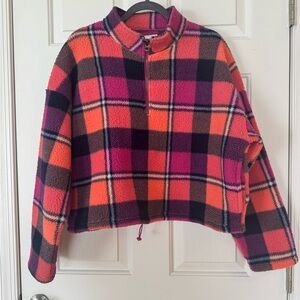 American Eagle Quarter Zip Plaid Cropped Fleece Sweatshirt, Large